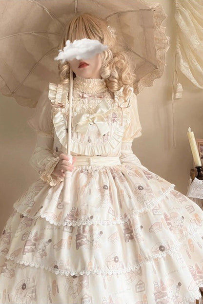 Beige Sleeveless Triple-Layered Print Ruffle Bowknot Sweet Plus Size Lolita Jsk Dress