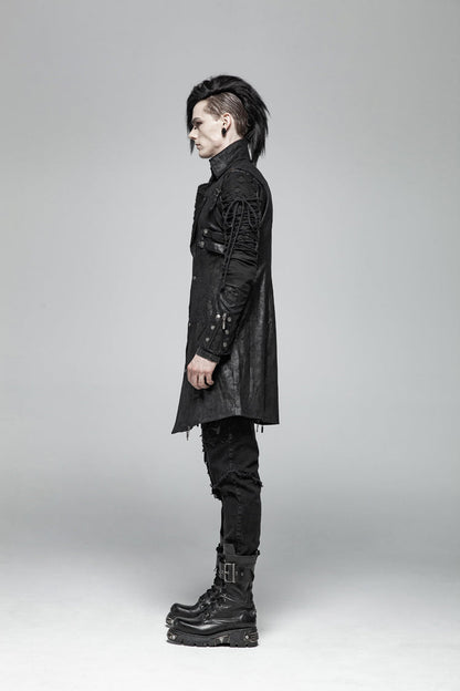 Black Metal Buckle Decoration Zipper Mens Steampunk Windbreaker Coat