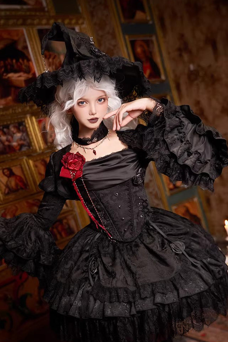 Black  [Letters & Poems · Twilight] Multi-Layered Jacquard Ruffled Witch Gothic Lolita Skirt 2 Versions