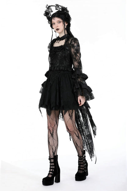 Black Multi-Layered Long Trumpet Sleeves Lace Lace-Up Women's Gothic Top