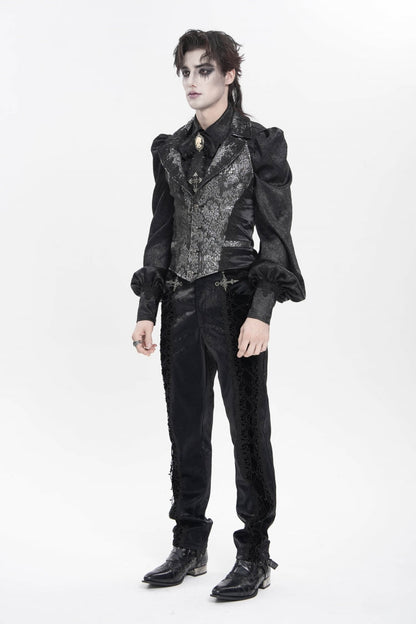 Black Lapel Collar Off Shoulder Halterneck Sleeveless Jacquard Lace Slim Color-Blocked Men's Gothic Palace Vest