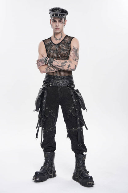 Black Lace-Up Studded Buckled Zippered Eyelet Men's Punk Cool Accessory with Pouches