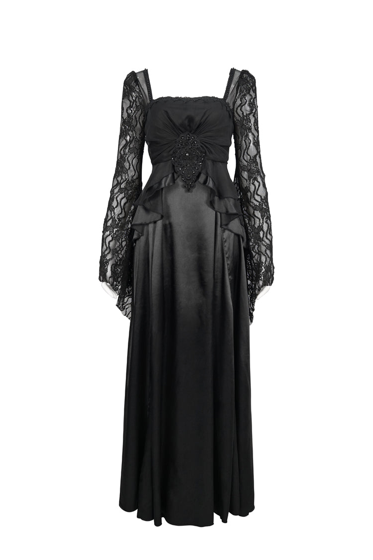Black Lace Pointy Large Sleeves Back Middle Zipper Satin Long Floor Length Women's Gothic Dress