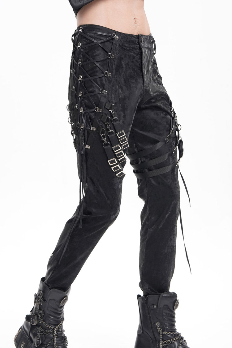 Black Buckle-up Spaghetti Straps Stitching Men's Gothic Pants
