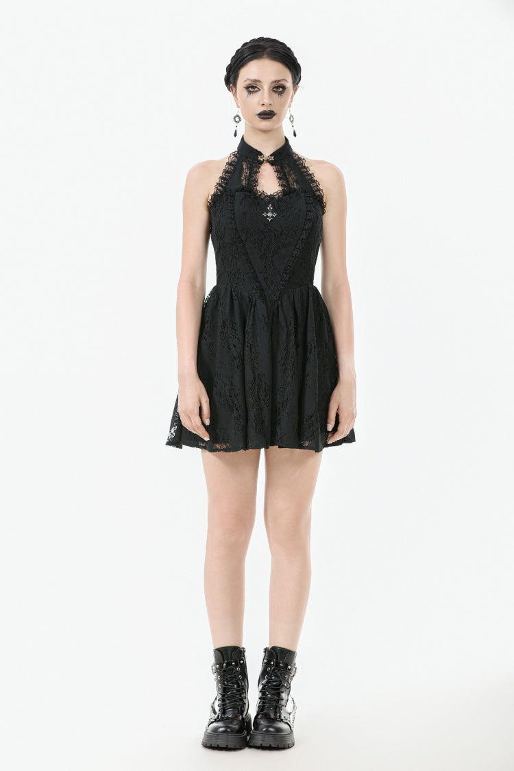 Black Off Shoulder Halterneck Sleeveless Lace Women's Gothic Short Dress