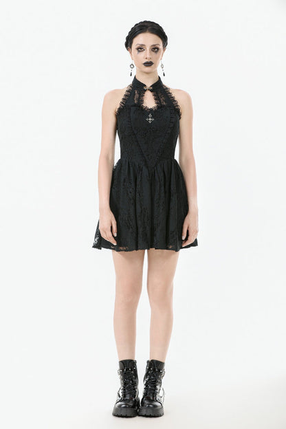 Black Off Shoulder Halterneck Sleeveless Lace Women's Gothic Short Dress
