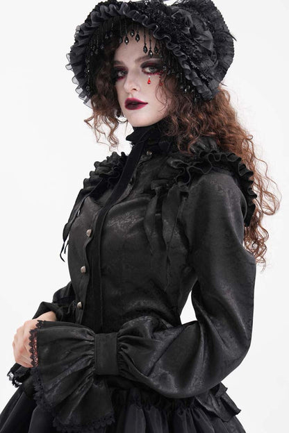 Black Long Sleeves Print Ruffle Lace Women's Gothic Blouse