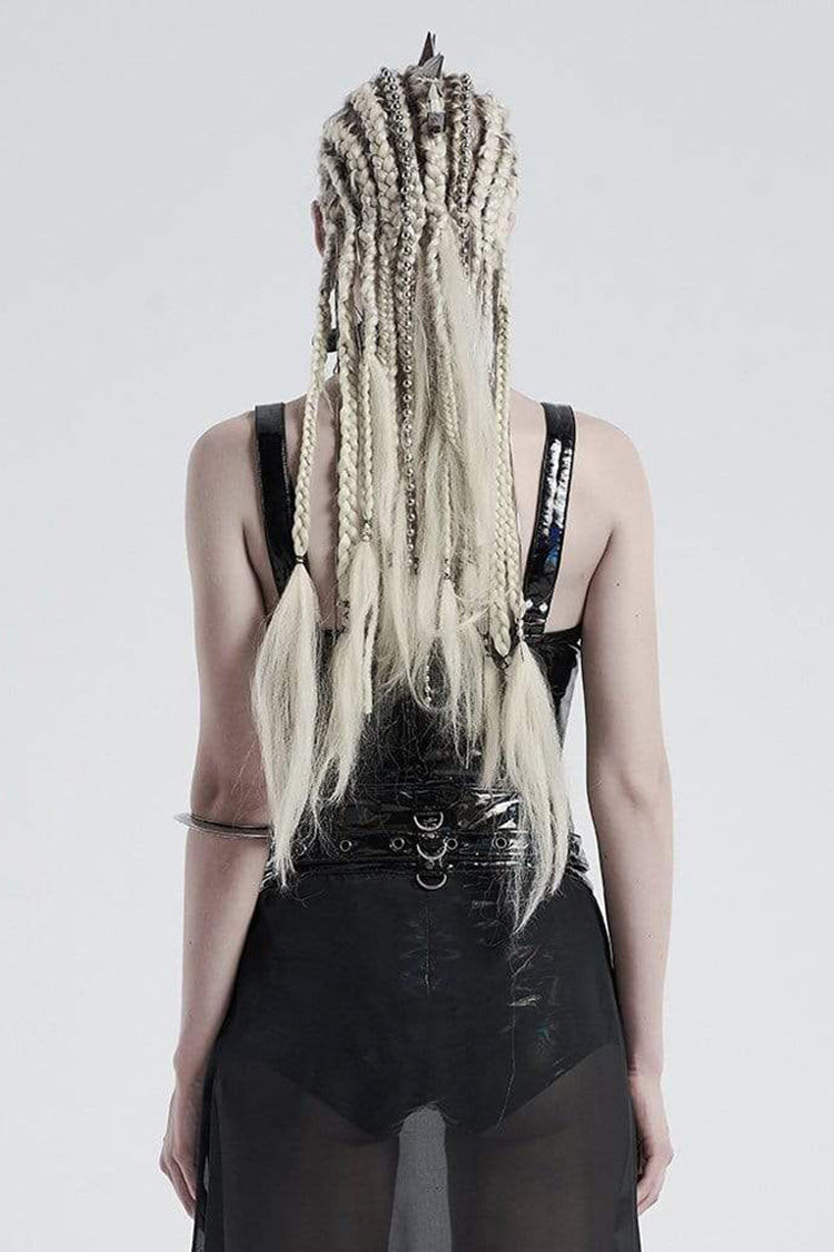 Black Knit Metal Buckle Shoulder Strap Splice Mesh Press Glue Women's Punk Vest