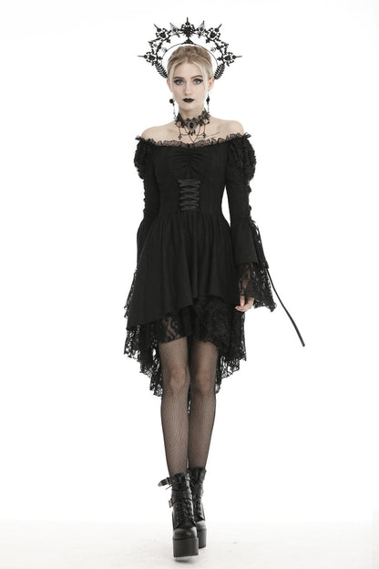 Black Off Shoulder Long Trumpet Puff Sleeves Lace-Up Strappy Mesh Women's Gothic Cocktail Dress