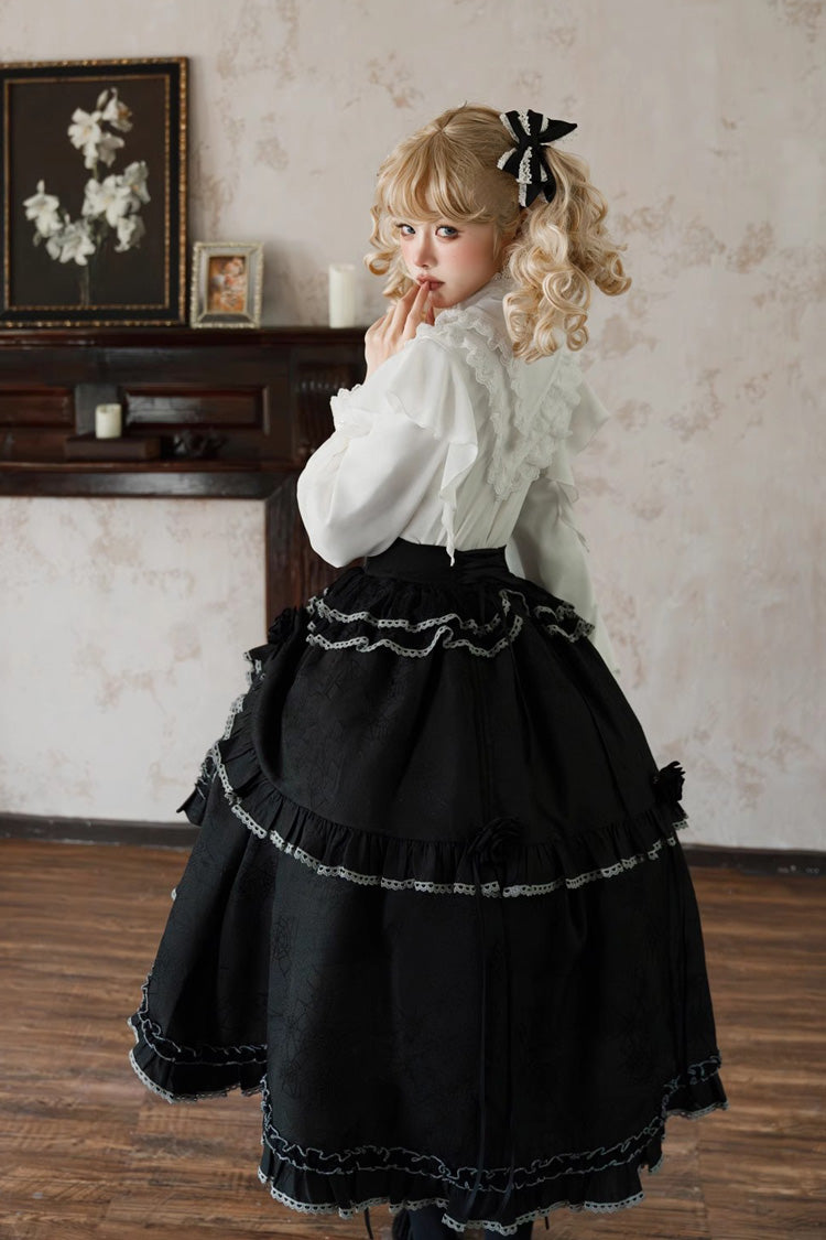 Black Late Night Castle Print Ruffle Gothic Lolita Skirt