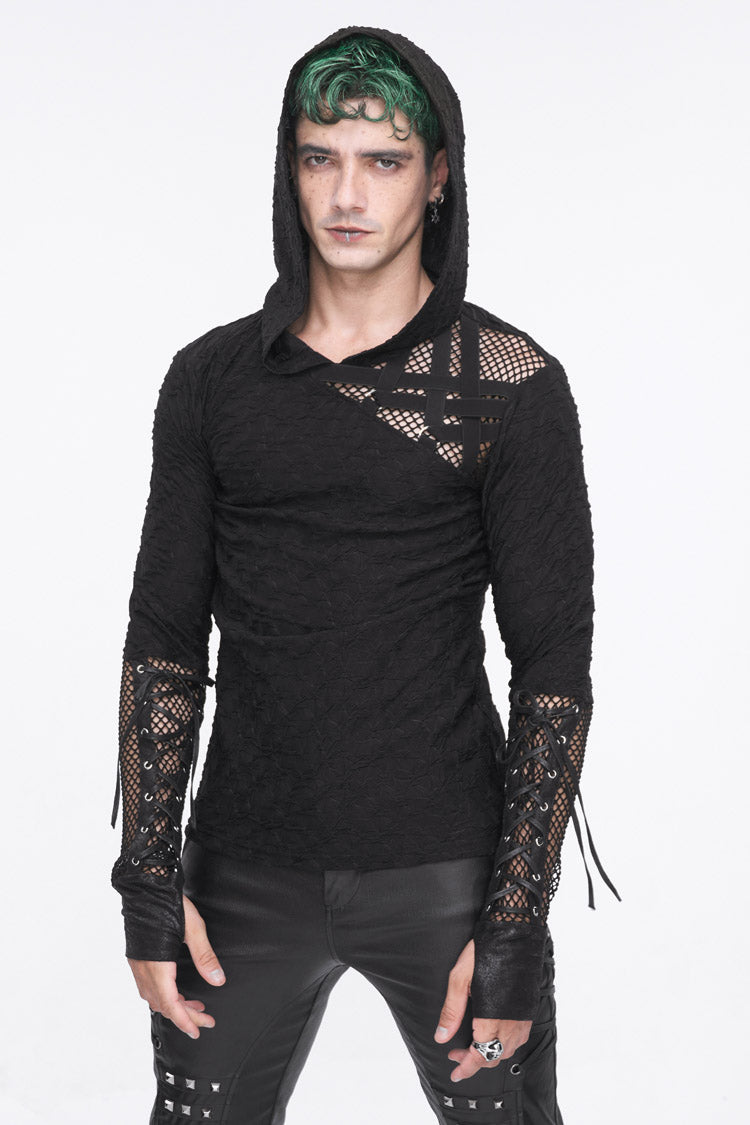 Black Lace Up Mesh Splice Long Sleeve Men's Punk Hoodies