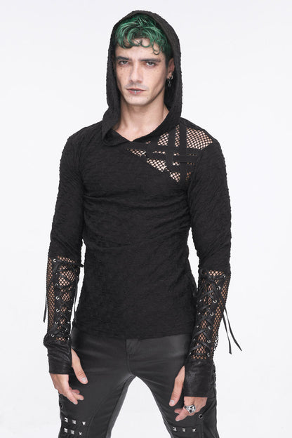 Black Lace Up Mesh Splice Long Sleeve Men's Punk Hoodies