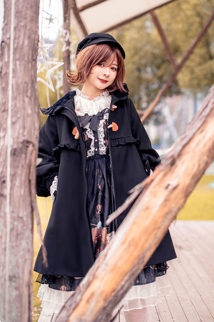 Black Cat Tail Long Sleeves Ruffle Bowknot Hooded Sweet Lolita Coat