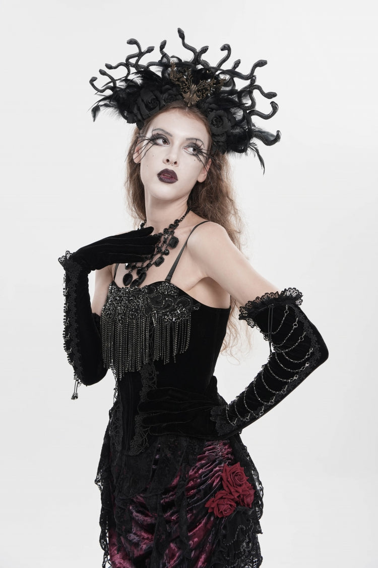 Black Lace-Up Women's Gothic Embroidered Tassels  Overbust Corset