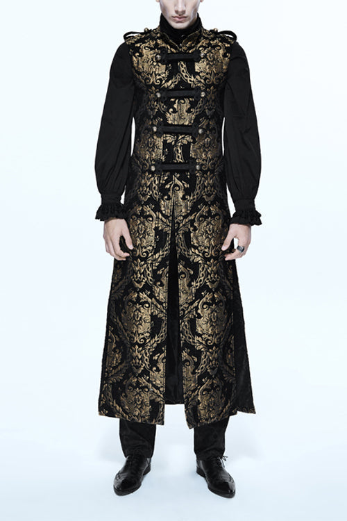 Black And Gold Court Floral Gothic Mens Long Coat