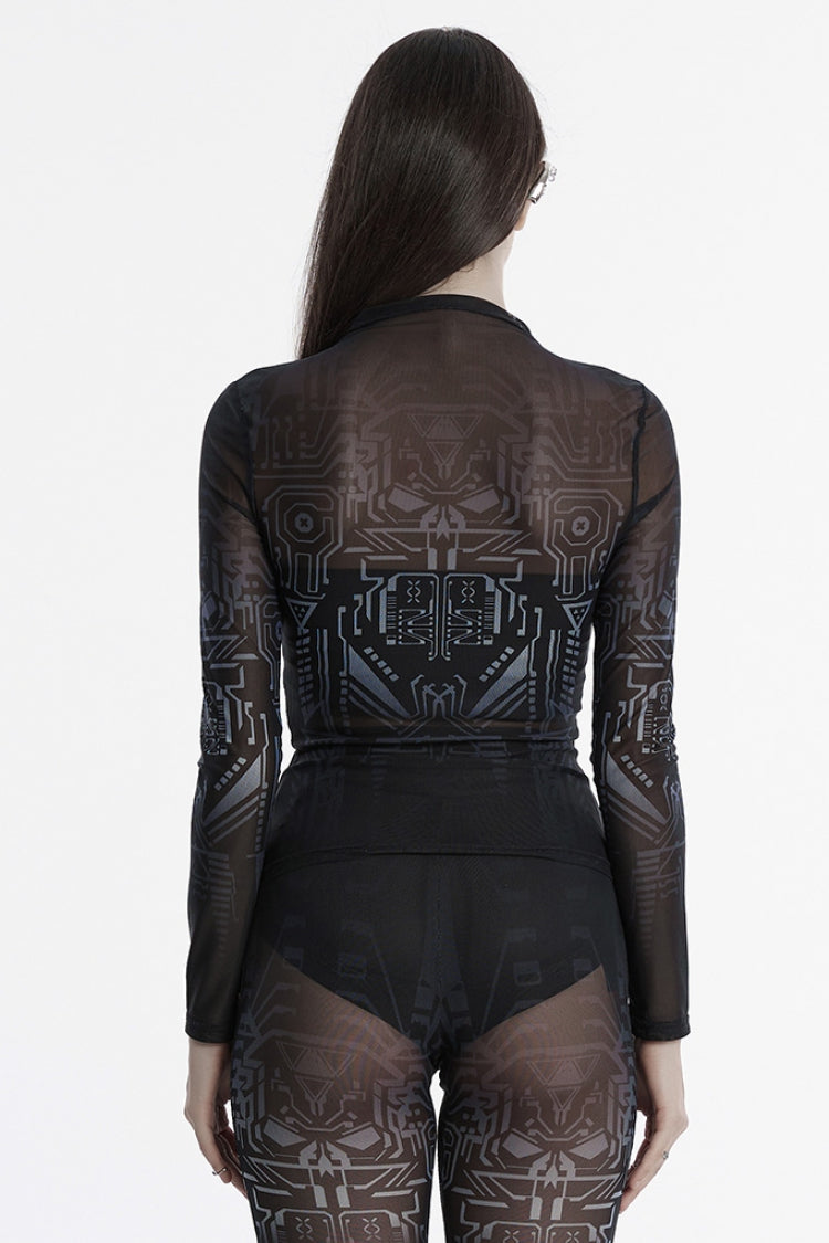 Black Long Sleeves Gradient Print Sheer Mesh Punk Women's Blouse