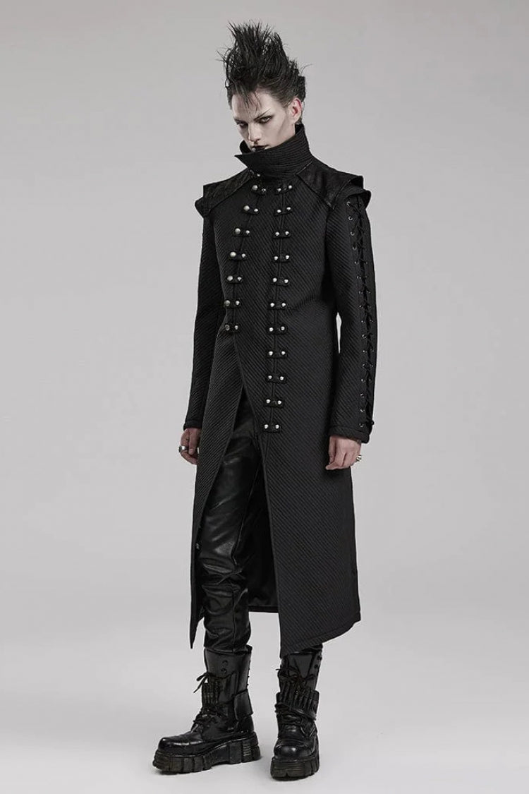 Black Horizontal Stripes Print Stitching Side Eyelet String Decoration Mens Gothic Long Coat