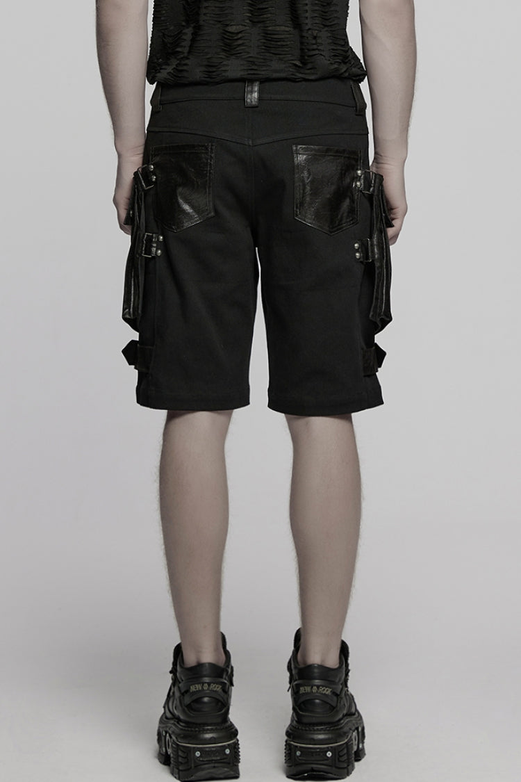 Black Big-pocket Faux Leather Stitching Men's Punk Shorts