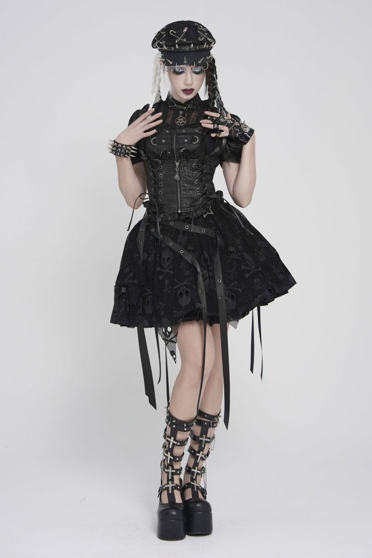 Black Bow Lace-Up Slim Zippered Women's Gothic Swallow-tailed Vest