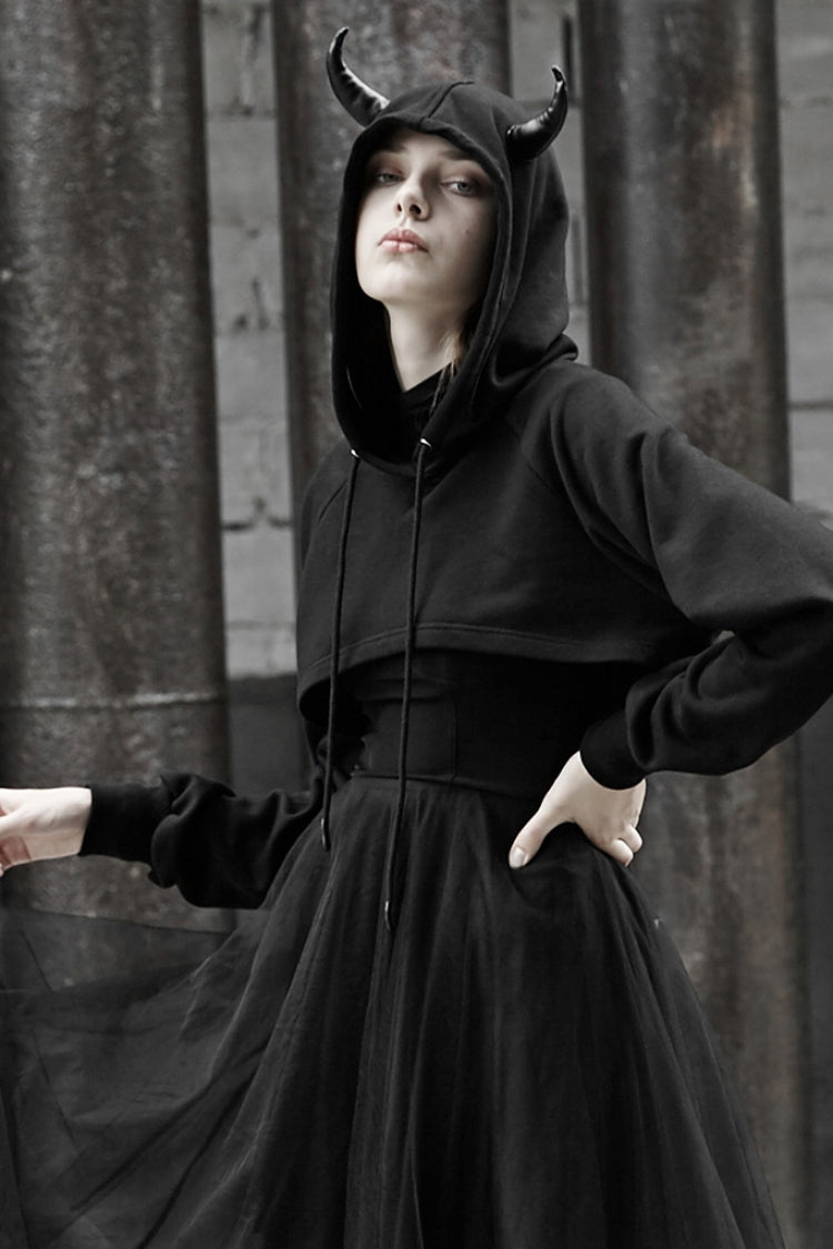 Black Demon Horn Decoration Long Sleeves Lace-Up Hooded Women's Gothic Coat