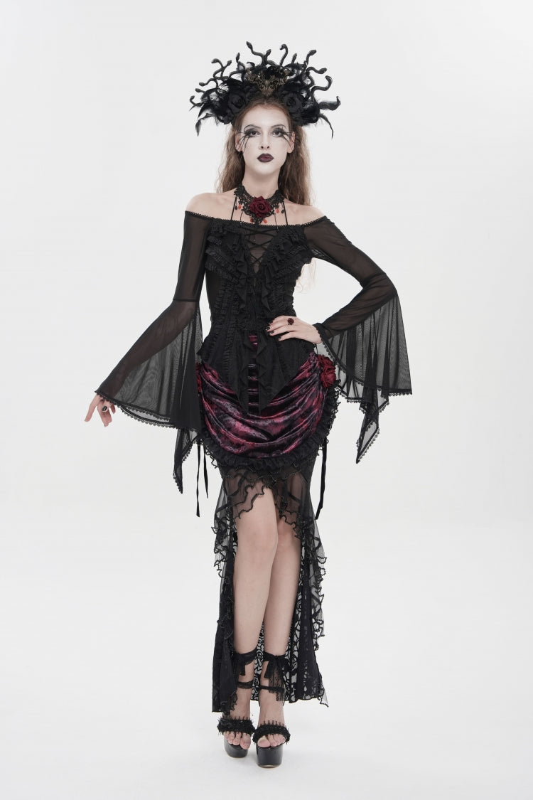Black Off Shoulder Long Trumpet Sleeves Ruffled Embroidered Lace-Up Women's Gothic Blouse