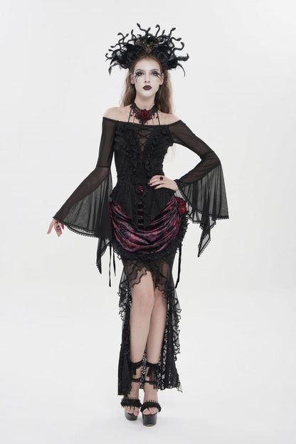 Black Off Shoulder Long Trumpet Sleeves Ruffled Embroidered Lace-Up Women's Gothic Blouse