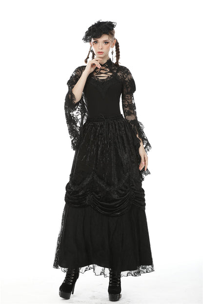 Black Long Puff Sleeves Sheer Floral Lace Lace-Up Women's Gothic Cape