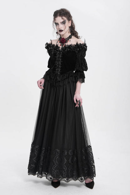 Black Off Shoulder Long Sleeves Ruffle Embroidery Lace-Up Women's Gothic Blouse