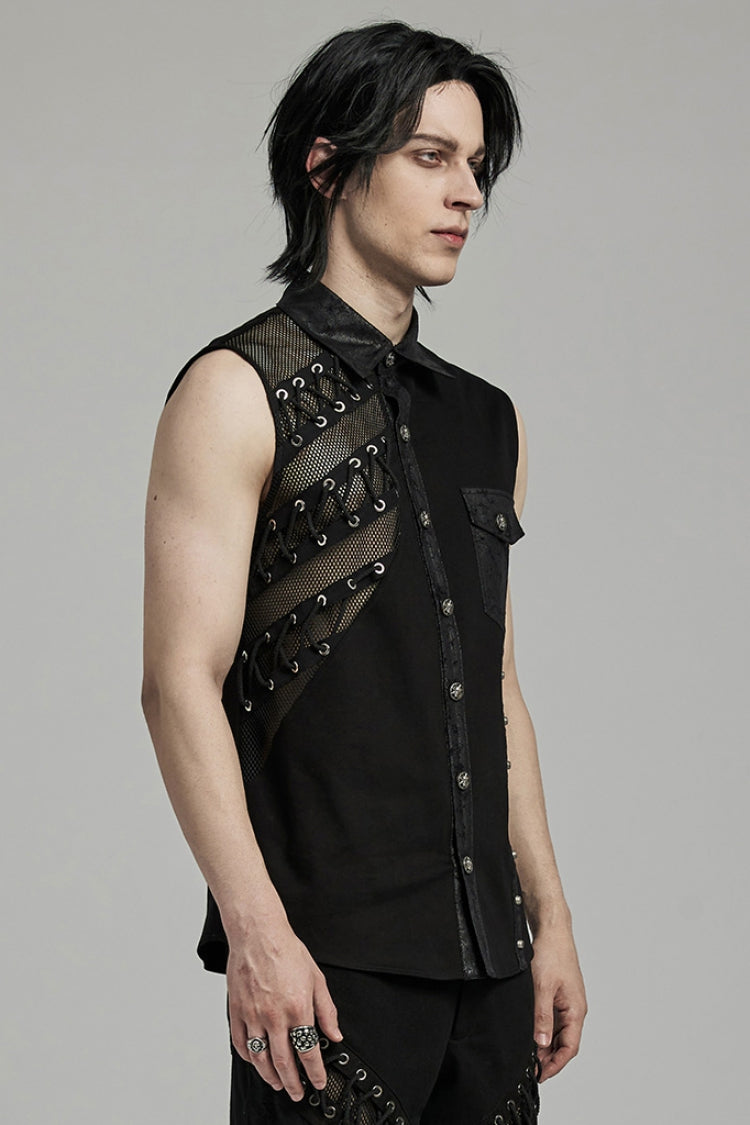 Black Hollow Stitching Lace-Up Mesh Men's Punk Vest