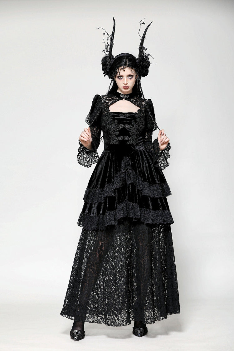 Black Long Puff Sleeves Cut-Out Lace Spliced Velvet Lace-Up Women's Gothic Princess Evening Dress