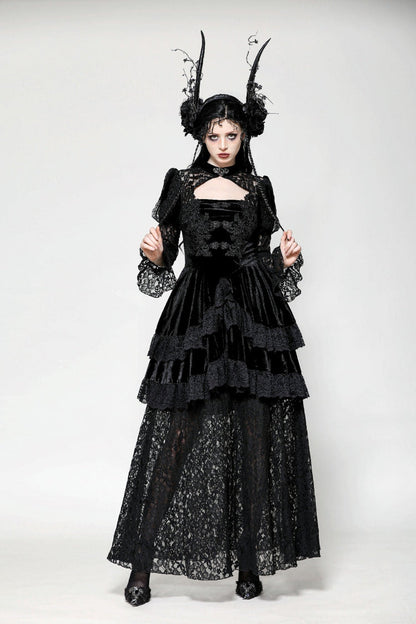 Black Long Puff Sleeves Cut-Out Lace Spliced Velvet Lace-Up Women's Gothic Princess Evening Dress
