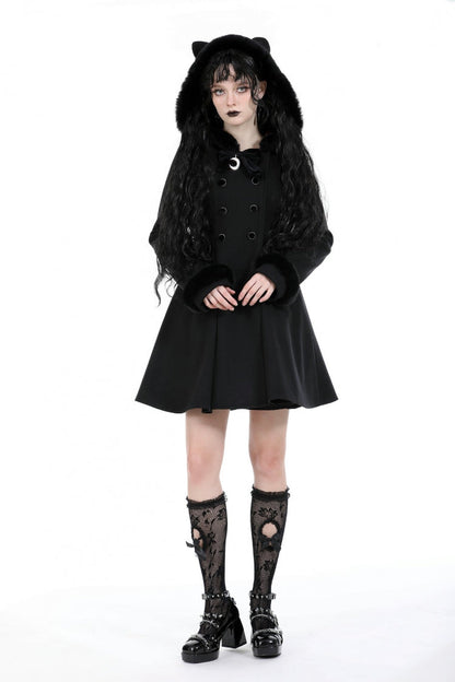 Black Long Sleeves Crescent Moon Bow Spliced Double-breasted Women's Gothic Coat with Cat Ear Hood