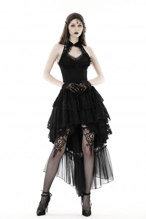 Black Off Shoulder Halterneck Sleeveless Irregular High Low Multi-Layered Lace Women's Gothic Dress