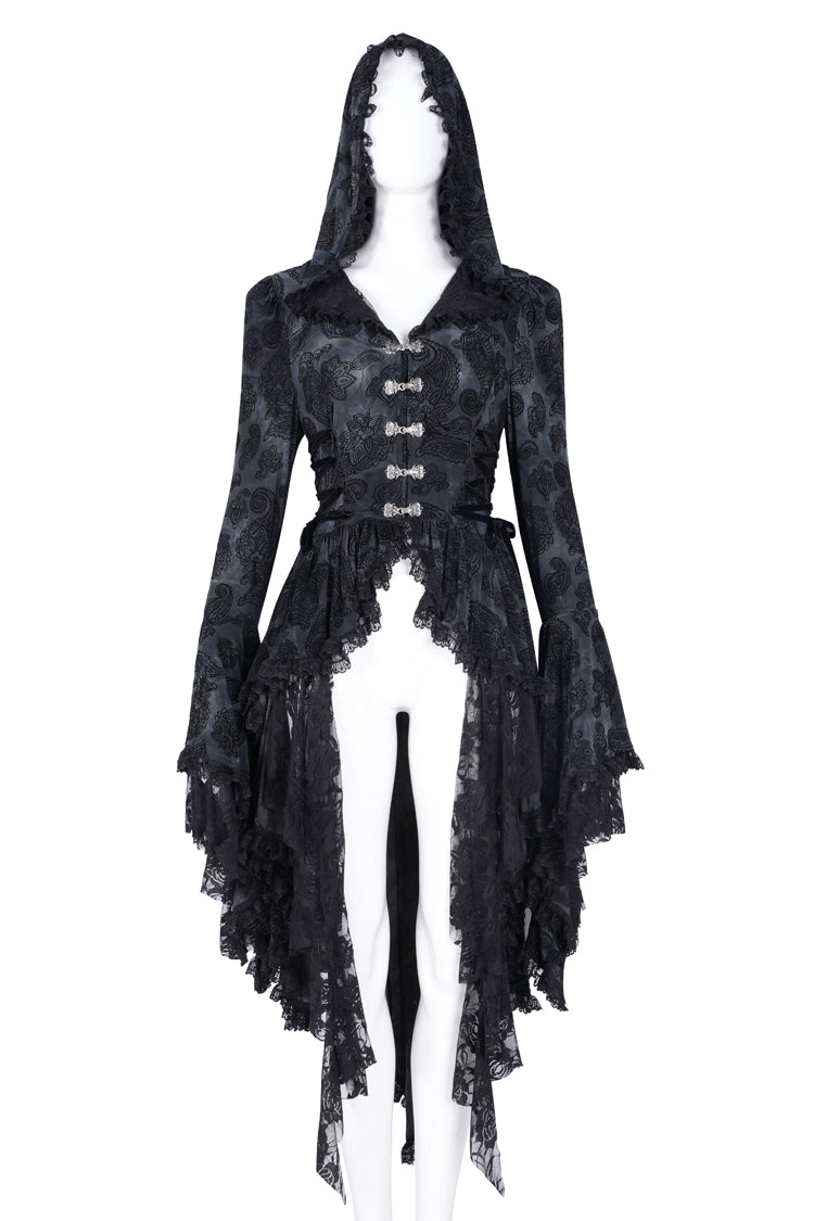 Black Long Trumpet Sleeves Multi-Layered Embroidery Lace Hooded Ripped Women's Gothic Jacket