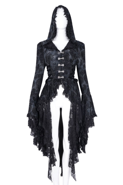 Black Long Trumpet Sleeves Multi-Layered Embroidery Lace Hooded Ripped Women's Gothic Jacket