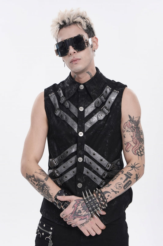 Black Lapel Collar Sleeveless Multi-Layered Printed Tie-dyed Buckled Men's Punk Shirt