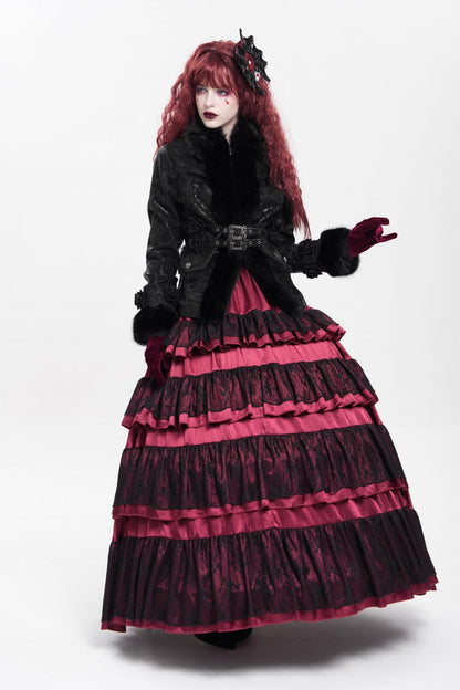 Black Long Sleeves Rose Floral Embroidery Buckle Straps Women's Gothic Coat
