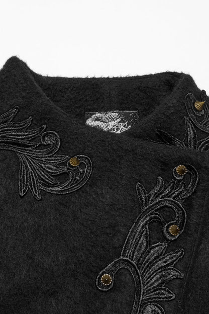 Black Long Sleeves Studded Floral Embroidery Faux Fur Stitching Women's Gothic Coat