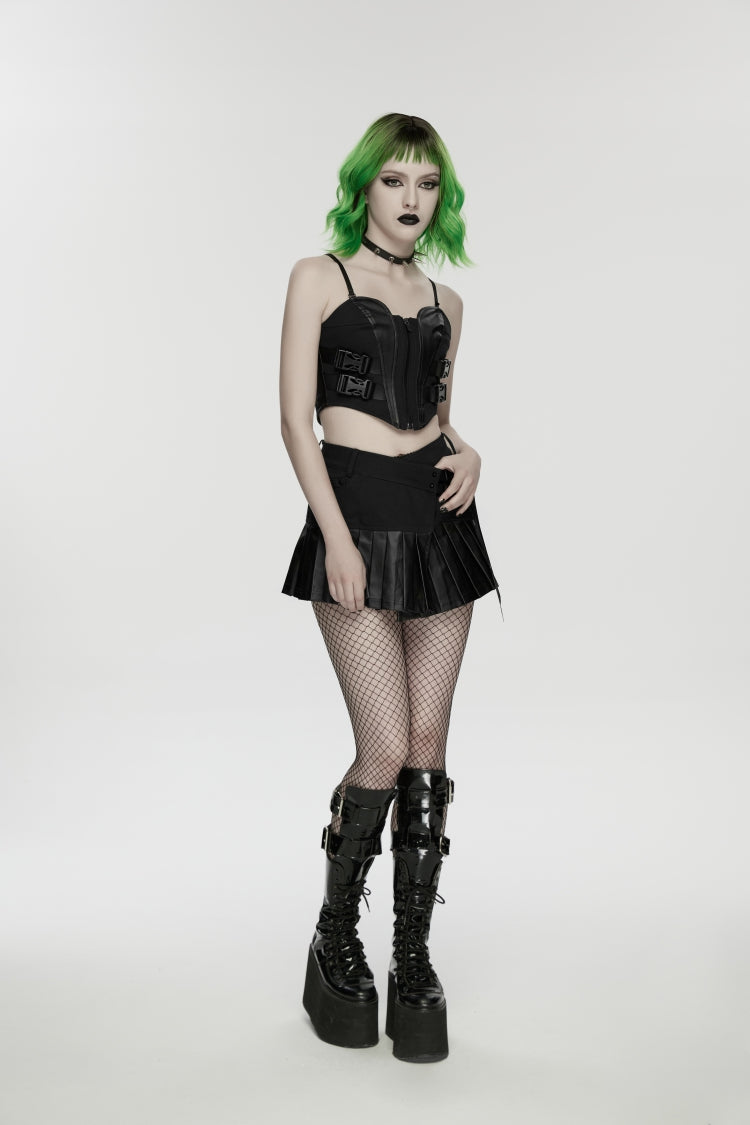 Black Asymmetric Buckled Pleated Women's Punk Skirt