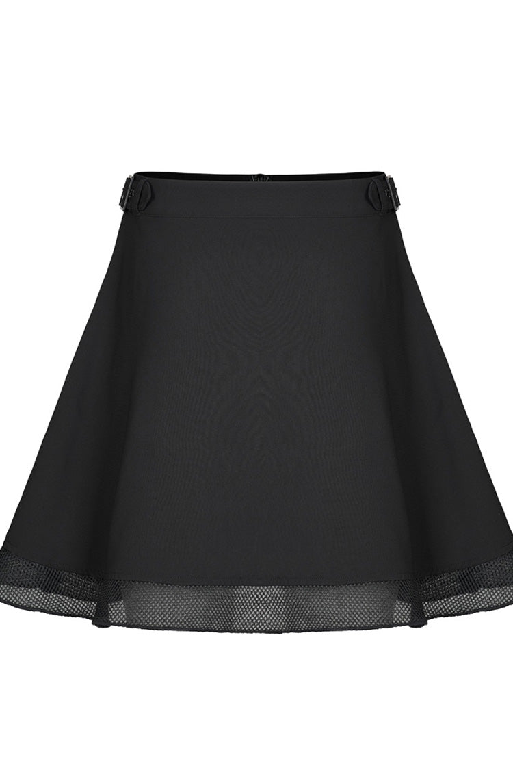 Black Chiffon Plaid Large-Hole Mesh Stitching V-Word Segmentation Design Sun-Hem Women's Punk Skirt