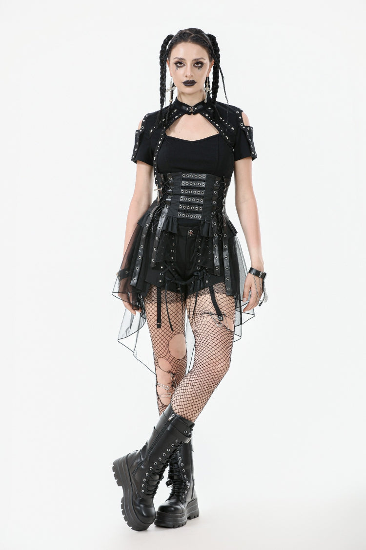 Black High Waisted Lace-Up High/low Mesh Women's Punk Skirt