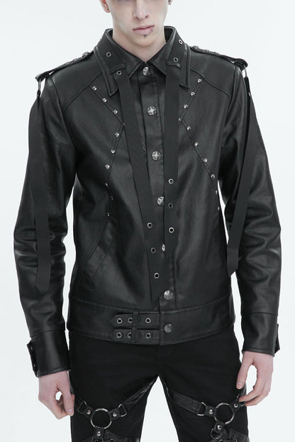Black Lapel Collar Studded Strap Dashing Men's Punk Jacket