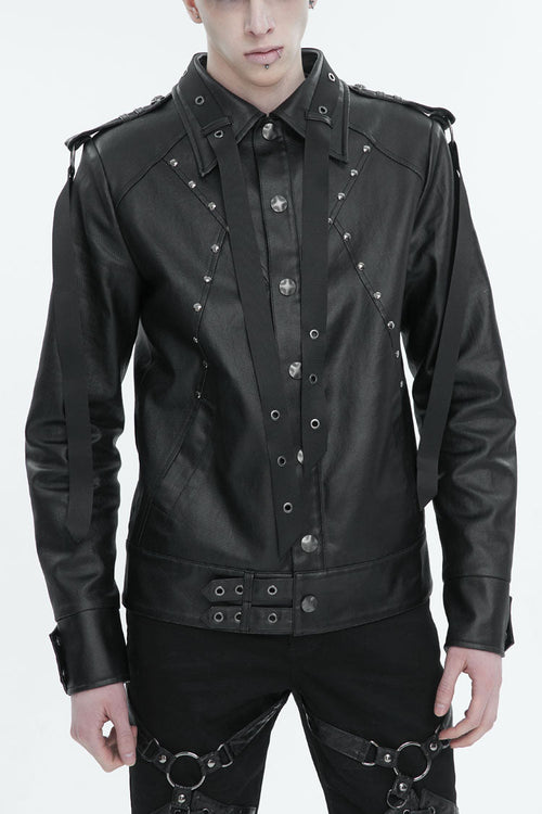 Black Lapel Collar Studded Strap Dashing Men's Punk Jacket