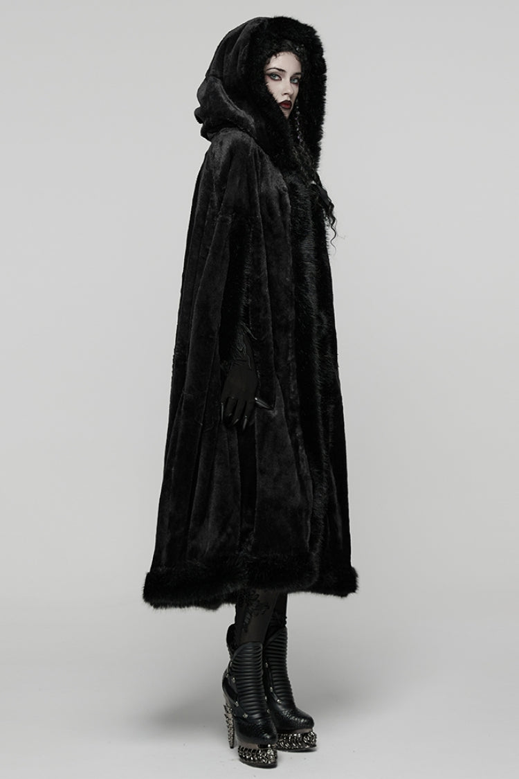 Black Faux Fur Spliced Hooded Women's Gothic Coat Cloak