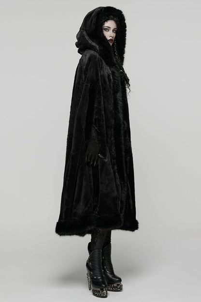 Black Faux Fur Spliced Hooded Women's Gothic Coat Cloak