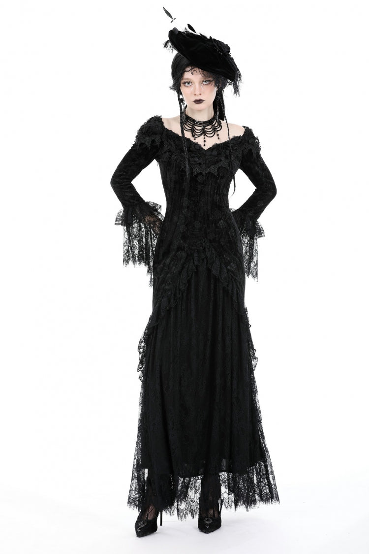 Black Off Shoulder Lace Long Trumpet Sleeves Lace-Up Women's Gothic Bodycon Dress