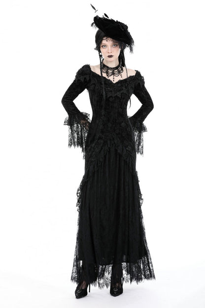 Black Off Shoulder Lace Long Trumpet Sleeves Lace-Up Women's Gothic Bodycon Dress