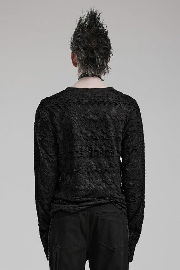 Black Long Sleeves Ripped Print Stitching Mens Gothic T-Shirt