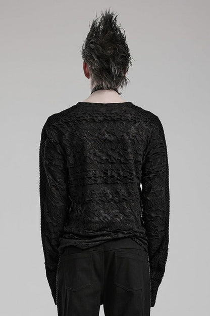Black Long Sleeves Ripped Print Stitching Mens Gothic T-Shirt