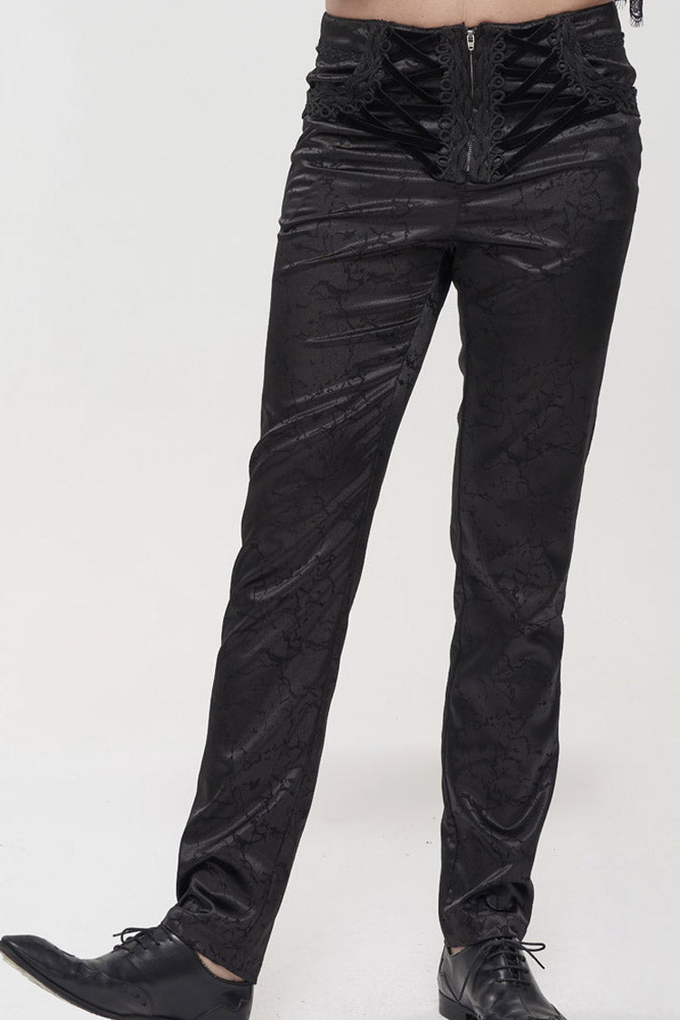 Black Gothic Glossy Pattern Drawstring Lace Decoration Men's Pants
